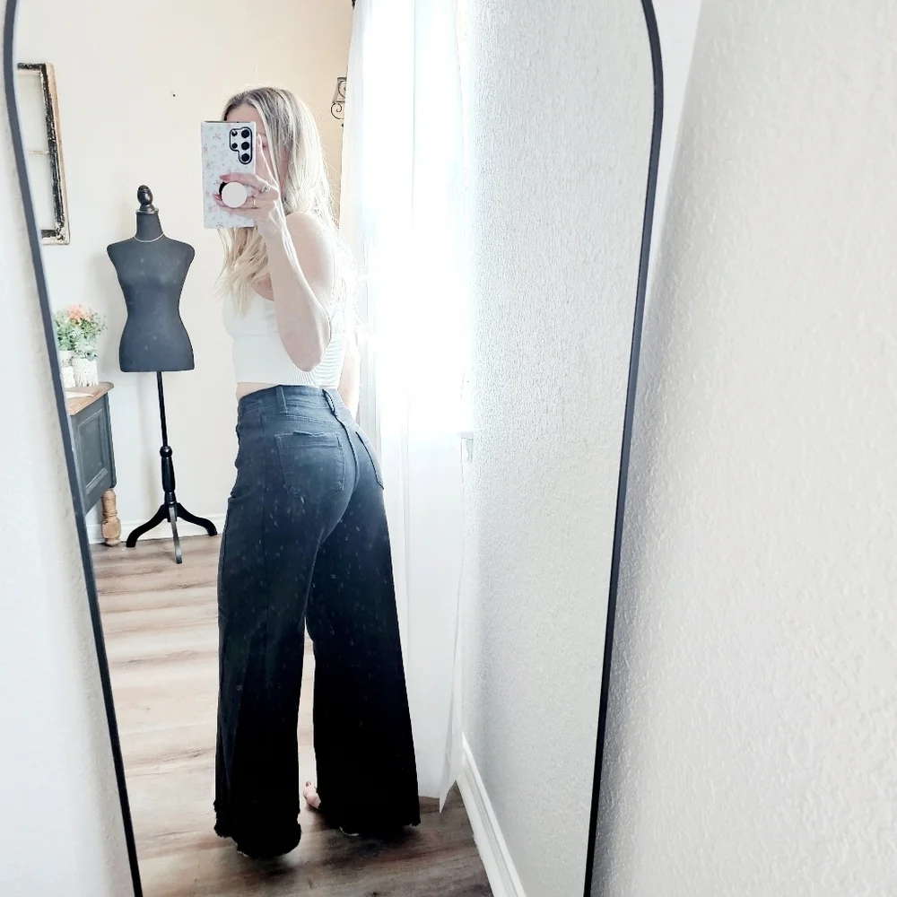 RISEN HR Tummy Control Black Palazzo Jeans Wide Leg Distressed Hems Various NEW - Picture 11 of 13